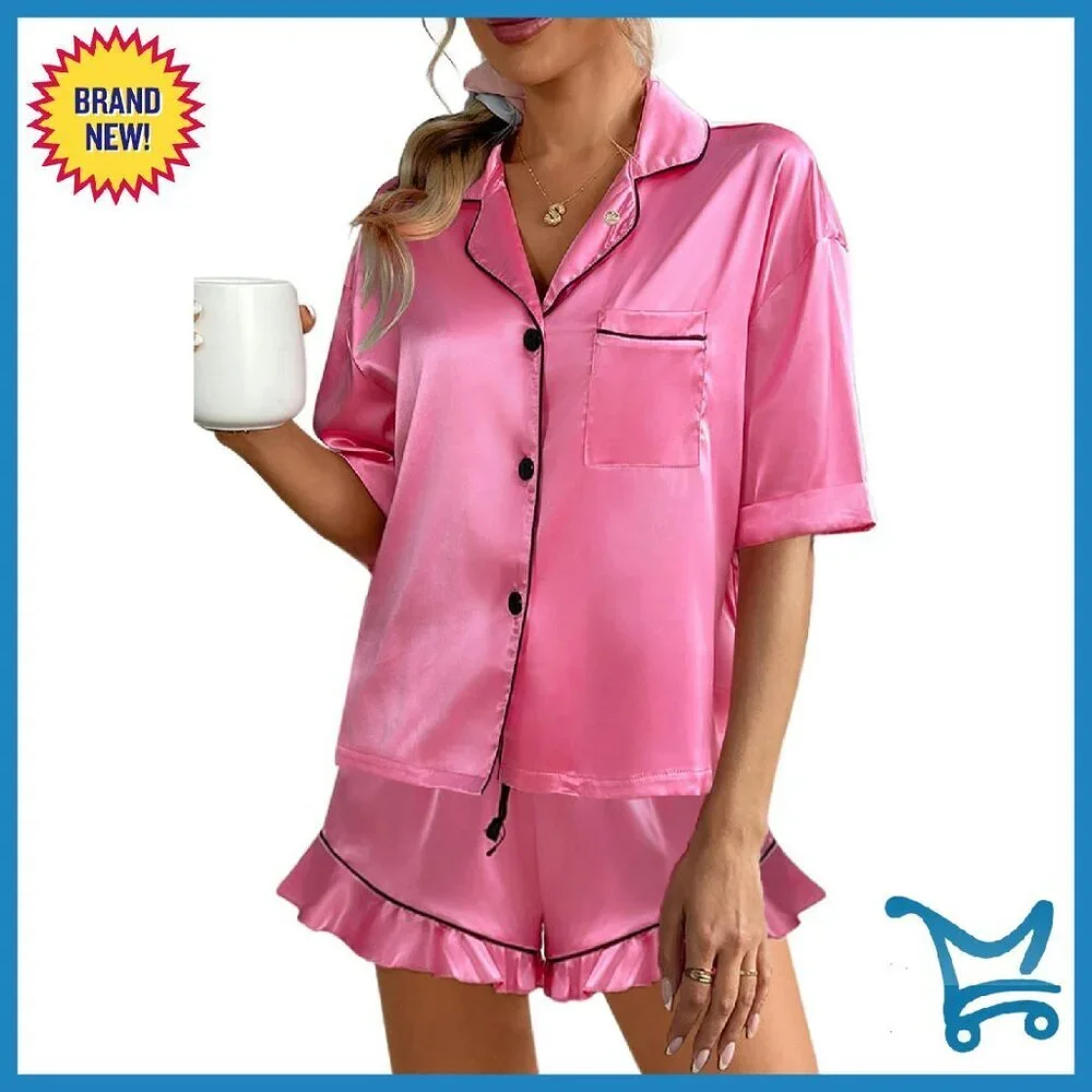 Silk Satin Pajama Set with Magnetic Diffuser, Short Sleeve & Ruffled Shorts